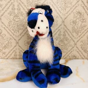 Vintage Nanco Blue Tiger Stuffed Plush Hard Eyes Carnival 10in Sitting Retro